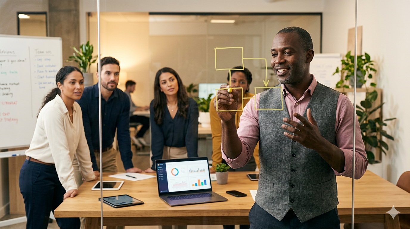 Operations leader presenting strategy to an engaged team in a modern office
