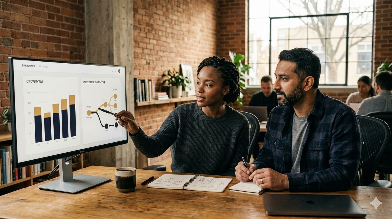 Two professionals reviewing an operational dashboard with precision analytics in a modern studio office